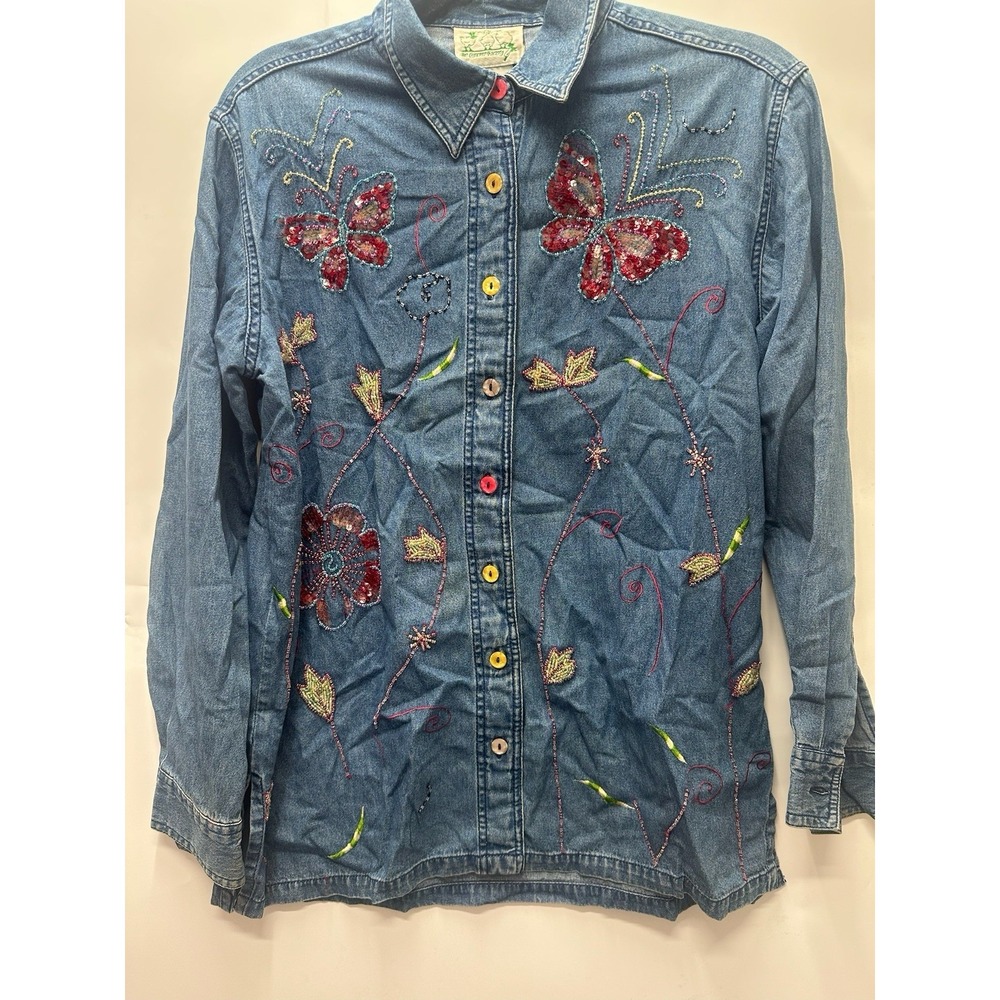 Quacker Factory, Denim Long Sleeve, Butterfly/Flower, Beaded/Sequins, S